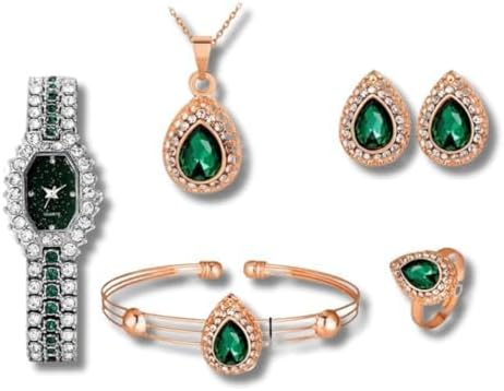 Conjunto Feminino de Luxo Pretty Lovely – Colar, Anel Ajustável, Pulseira, Brincos e Relógio em Aço Inoxidável com Zircônias Verdes – Acompanha Bolsa de Veludo