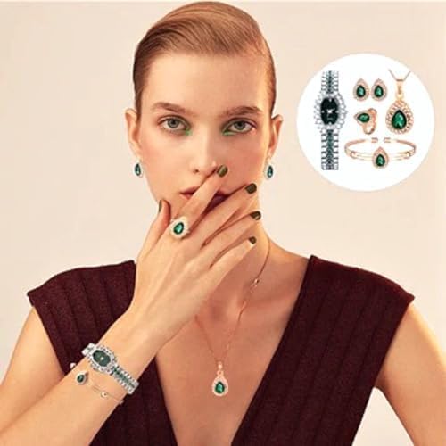 Conjunto Feminino de Luxo Pretty Lovely – Colar, Anel Ajustável, Pulseira, Brincos e Relógio em Aço Inoxidável com Zircônias Verdes – Acompanha Bolsa de Veludo
