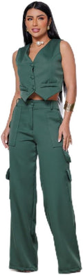 Conjunto Colete Curto e Calça Cargo Alfaiataria Feminino
