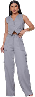 Conjunto Colete Curto e Calça Cargo Alfaiataria Feminino