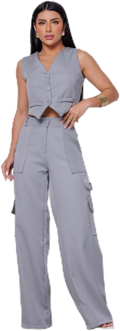 Conjunto Colete Curto e Calça Cargo Alfaiataria Feminino