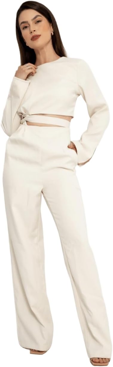 HBD Conjunto Social Feminino, Calça e Cropped com Amarração, Alfaiataria, Poliéster com Elastano