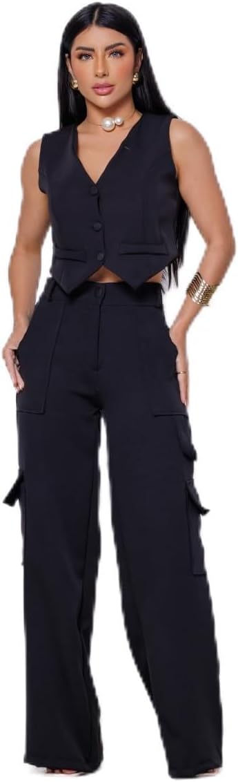 Conjunto Colete Curto e Calça Cargo Alfaiataria Feminino