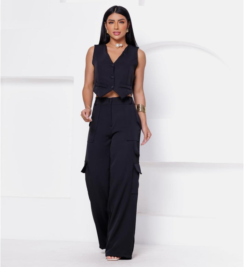 Conjunto Colete Curto e Calça Cargo Alfaiataria Feminino