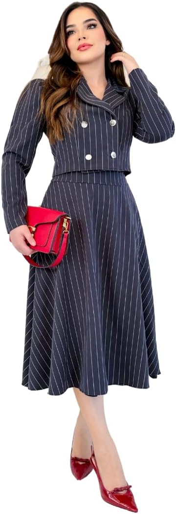 Conjunto Feminino Alfaiataria Risca de Giz Blazer Com Botões + Saia Midi