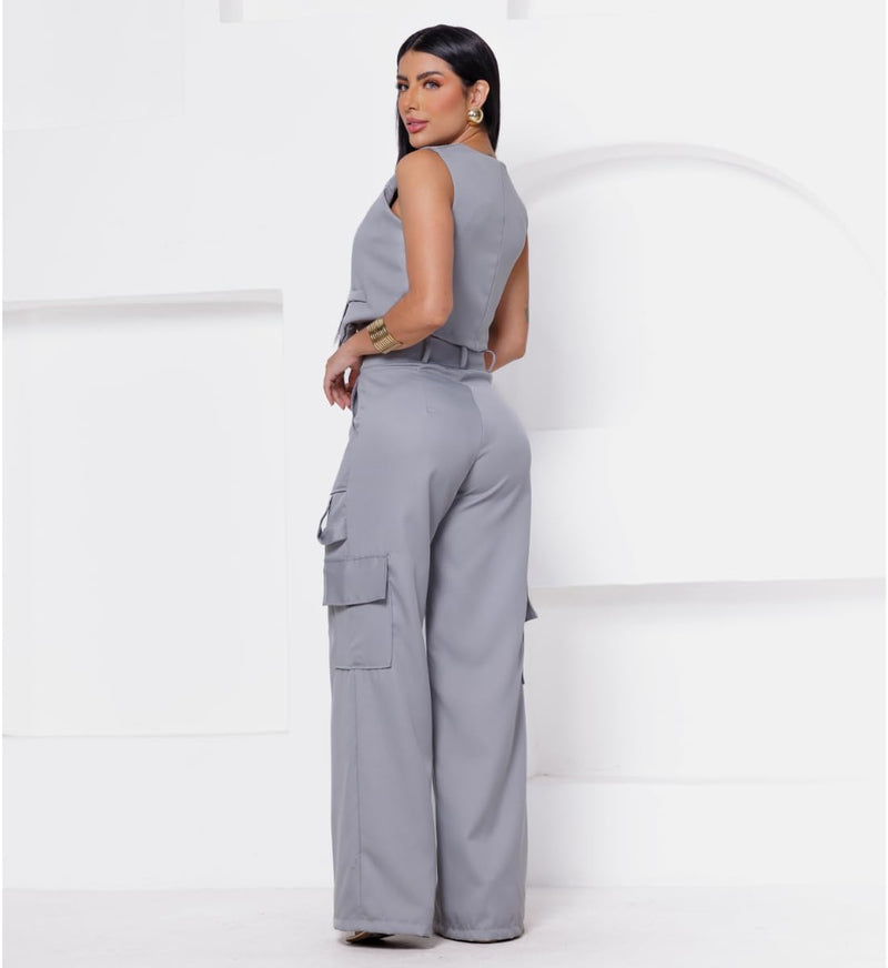 Conjunto Colete Curto e Calça Cargo Alfaiataria Feminino