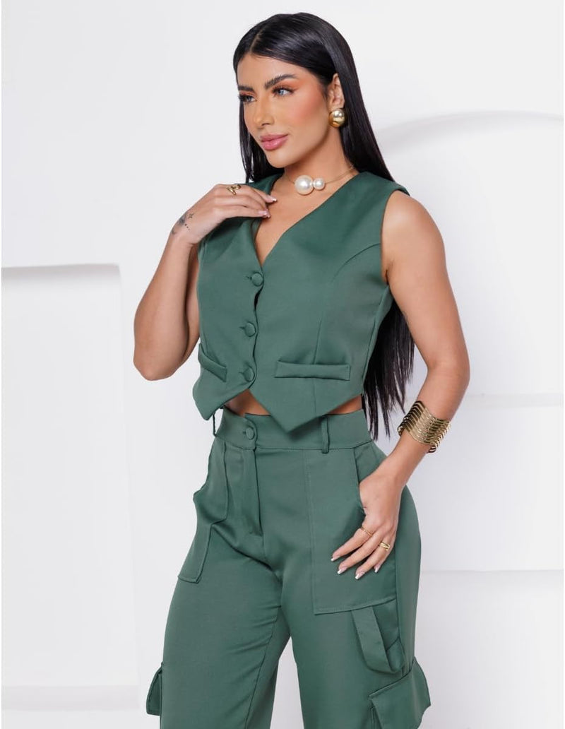 Conjunto Colete Curto e Calça Cargo Alfaiataria Feminino