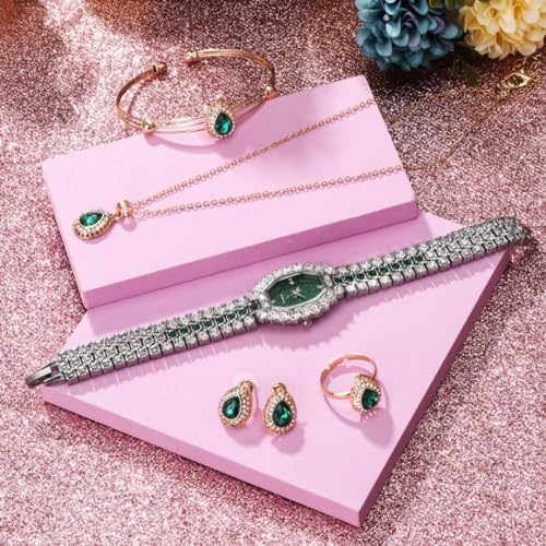 Conjunto Feminino de Luxo Pretty Lovely – Colar, Anel Ajustável, Pulseira, Brincos e Relógio em Aço Inoxidável com Zircônias Verdes – Acompanha Bolsa de Veludo