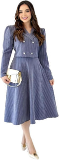 Conjunto Feminino Alfaiataria Risca de Giz Blazer Com Botões + Saia Midi