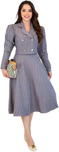 Conjunto Feminino Alfaiataria Risca de Giz Blazer Com Botões + Saia Midi