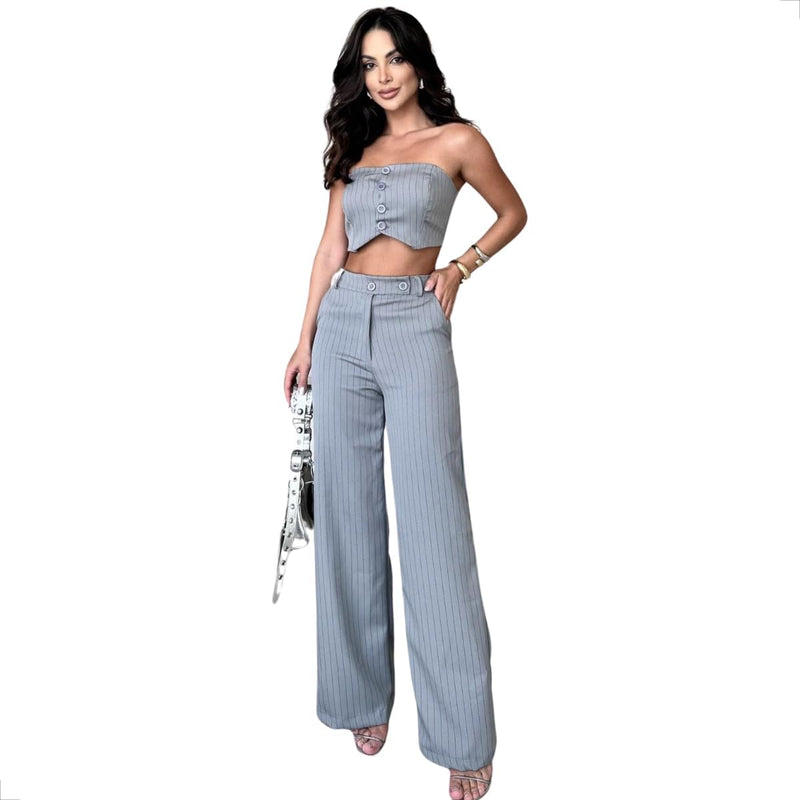 Conjunto Top e Calça em Alfaiataria Risca de Giz
