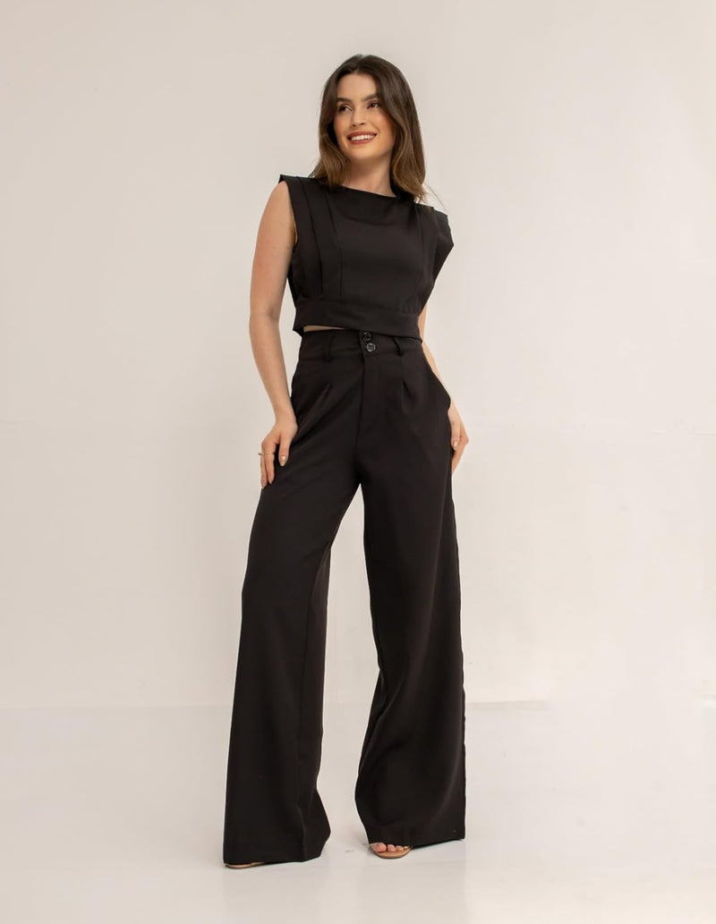 Conjunto Feminino Cropped e Calça Flare em Alfaiataria - Elegante e Sofisticado CON-0036