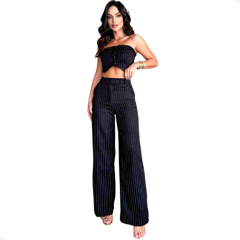 Conjunto Top e Calça em Alfaiataria Risca de Giz