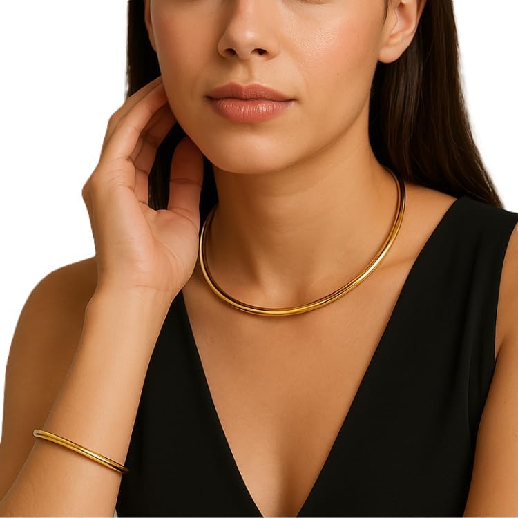 Conjunto de Colar Choker e Pulseira Ajustável, Aro 3,5mm, Dourado e Prata