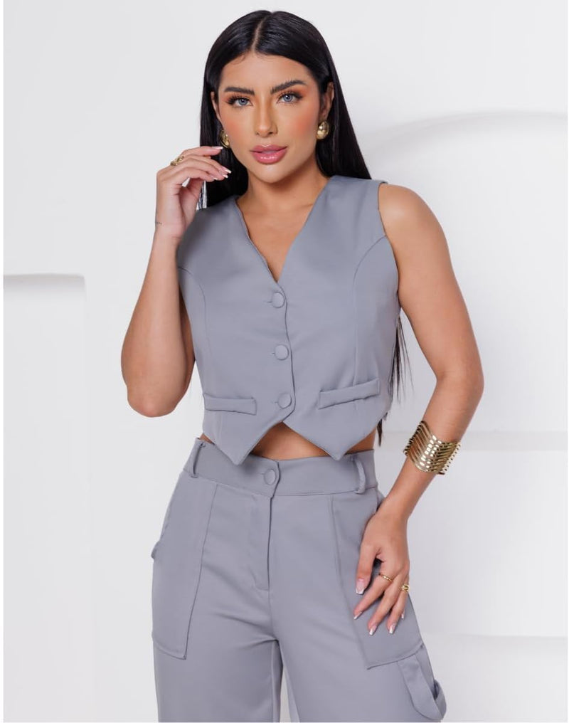 Conjunto Colete Curto e Calça Cargo Alfaiataria Feminino