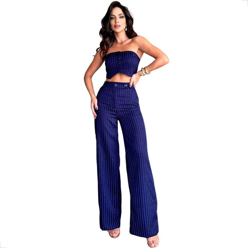 Conjunto Top e Calça em Alfaiataria Risca de Giz