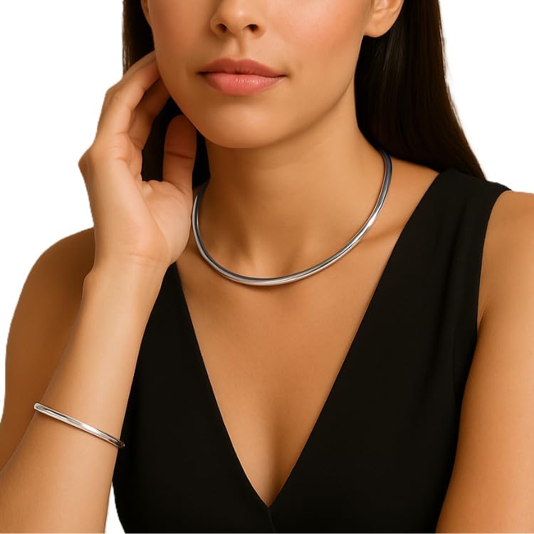 Conjunto de Colar Choker e Pulseira Ajustável, Aro 3,5mm, Dourado e Prata