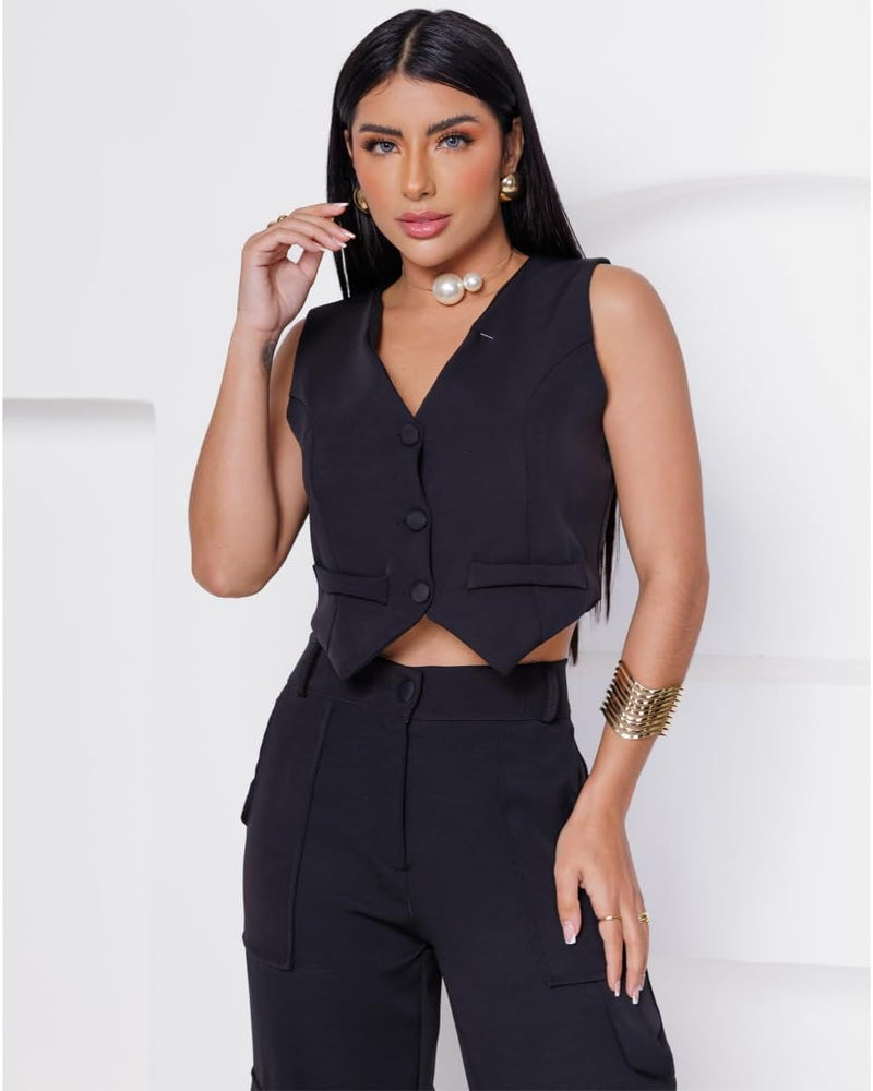 Conjunto Colete Curto e Calça Cargo Alfaiataria Feminino