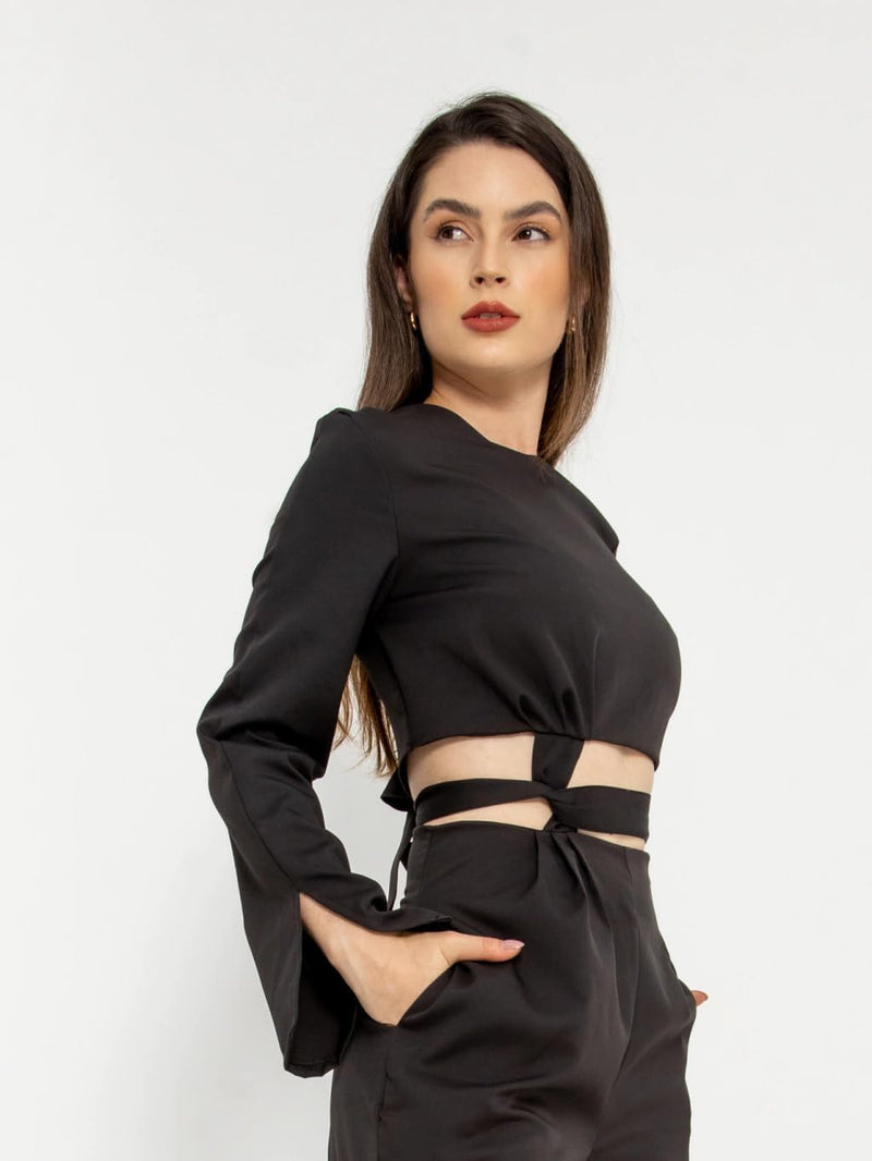 HBD Conjunto Social Feminino, Calça e Cropped com Amarração, Alfaiataria, Poliéster com Elastano