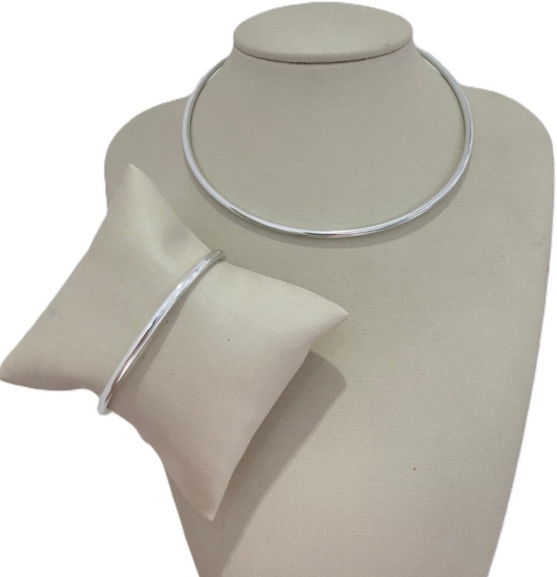Conjunto de Colar Choker e Pulseira Ajustável, Aro 3,5mm, Dourado e Prata