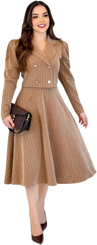 Conjunto Feminino Alfaiataria Risca de Giz Blazer Com Botões + Saia Midi