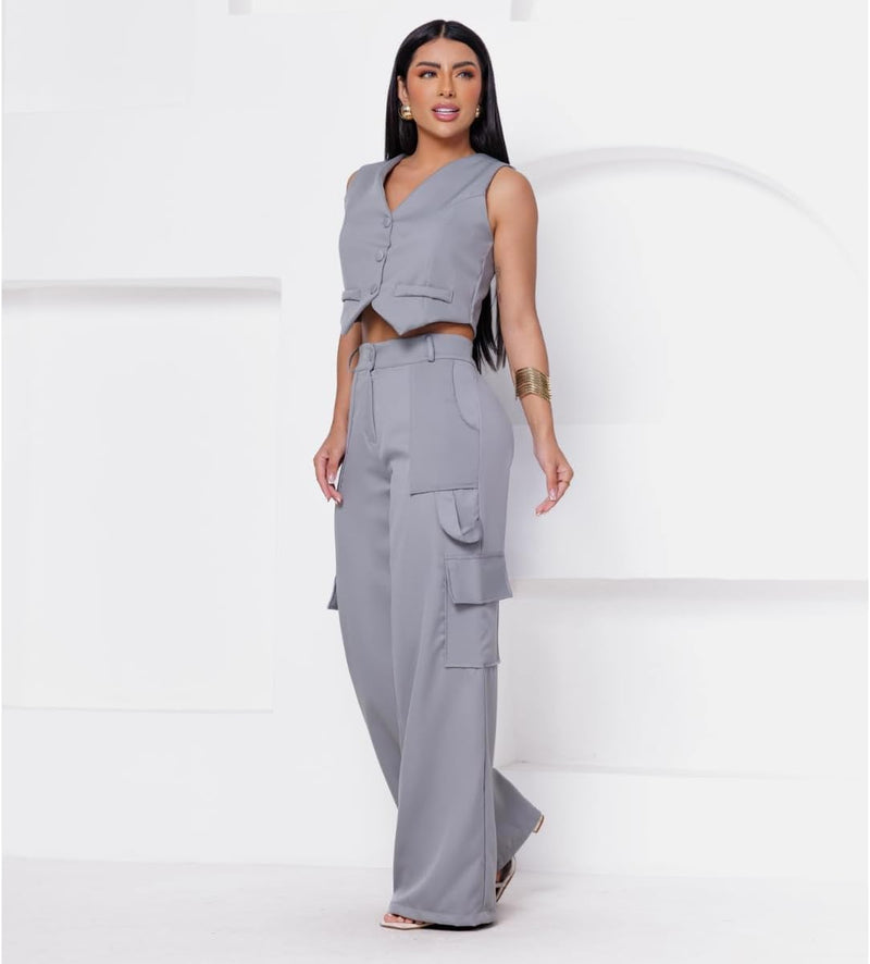 Conjunto Colete Curto e Calça Cargo Alfaiataria Feminino