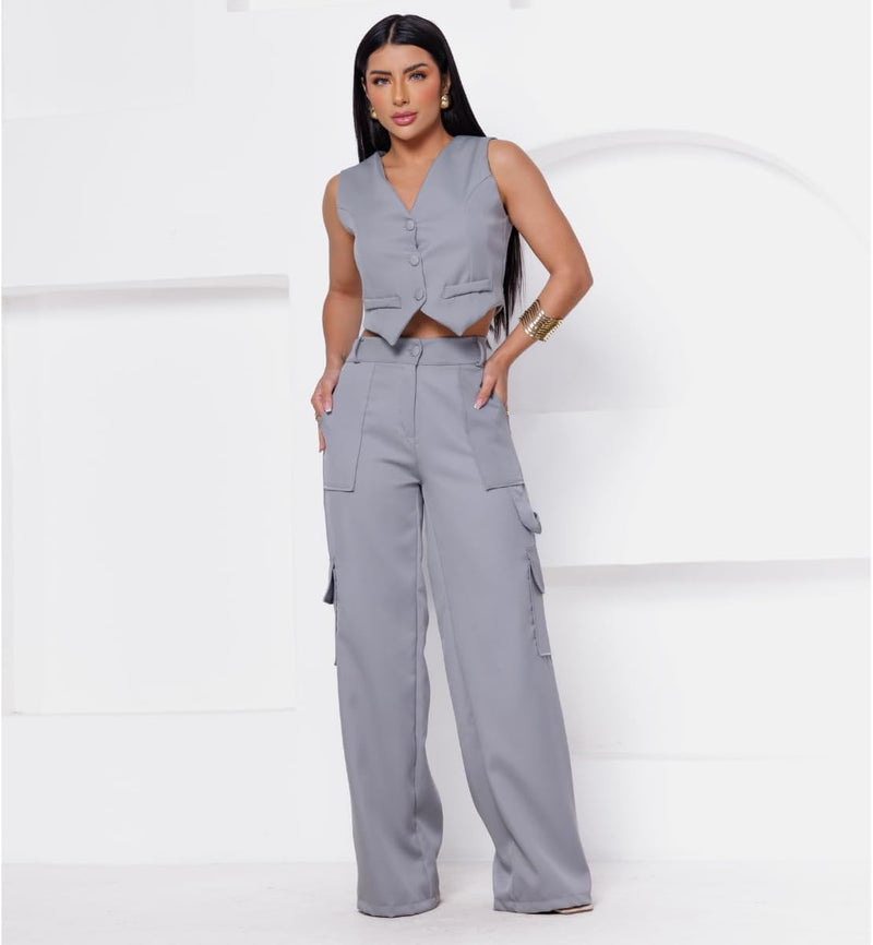 Conjunto Colete Curto e Calça Cargo Alfaiataria Feminino
