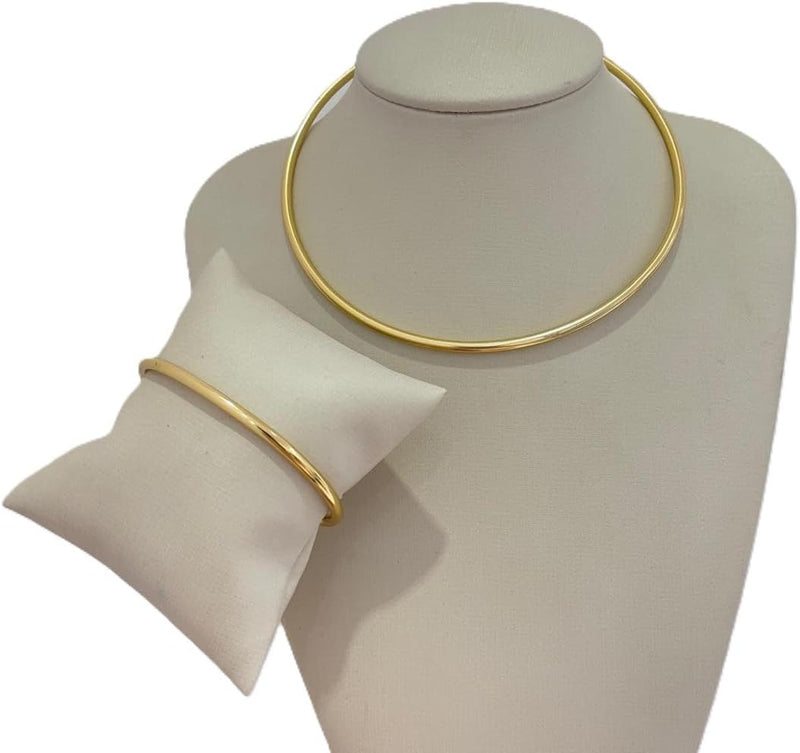 Conjunto de Colar Choker e Pulseira Ajustável, Aro 3,5mm, Dourado e Prata