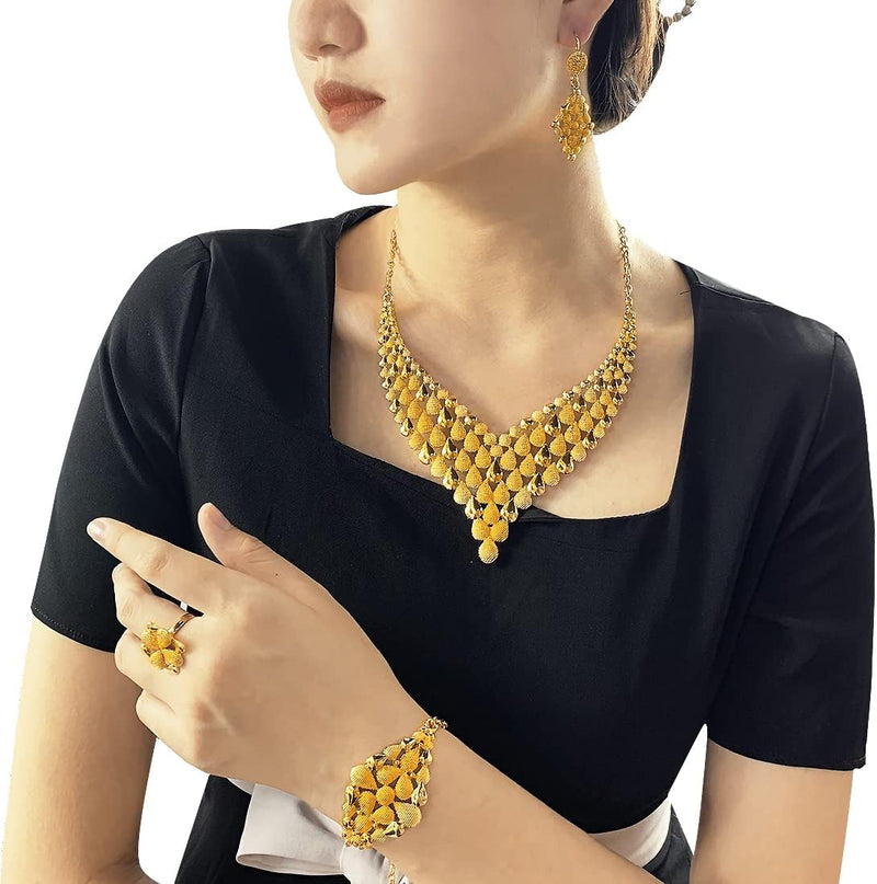 Conjunto de colar de joias femininas indianas em Dubai noiva africana casamento formatura moda joias 24K banhado a ouro colar pulseiras anéis brincos conjunto de 4 peças