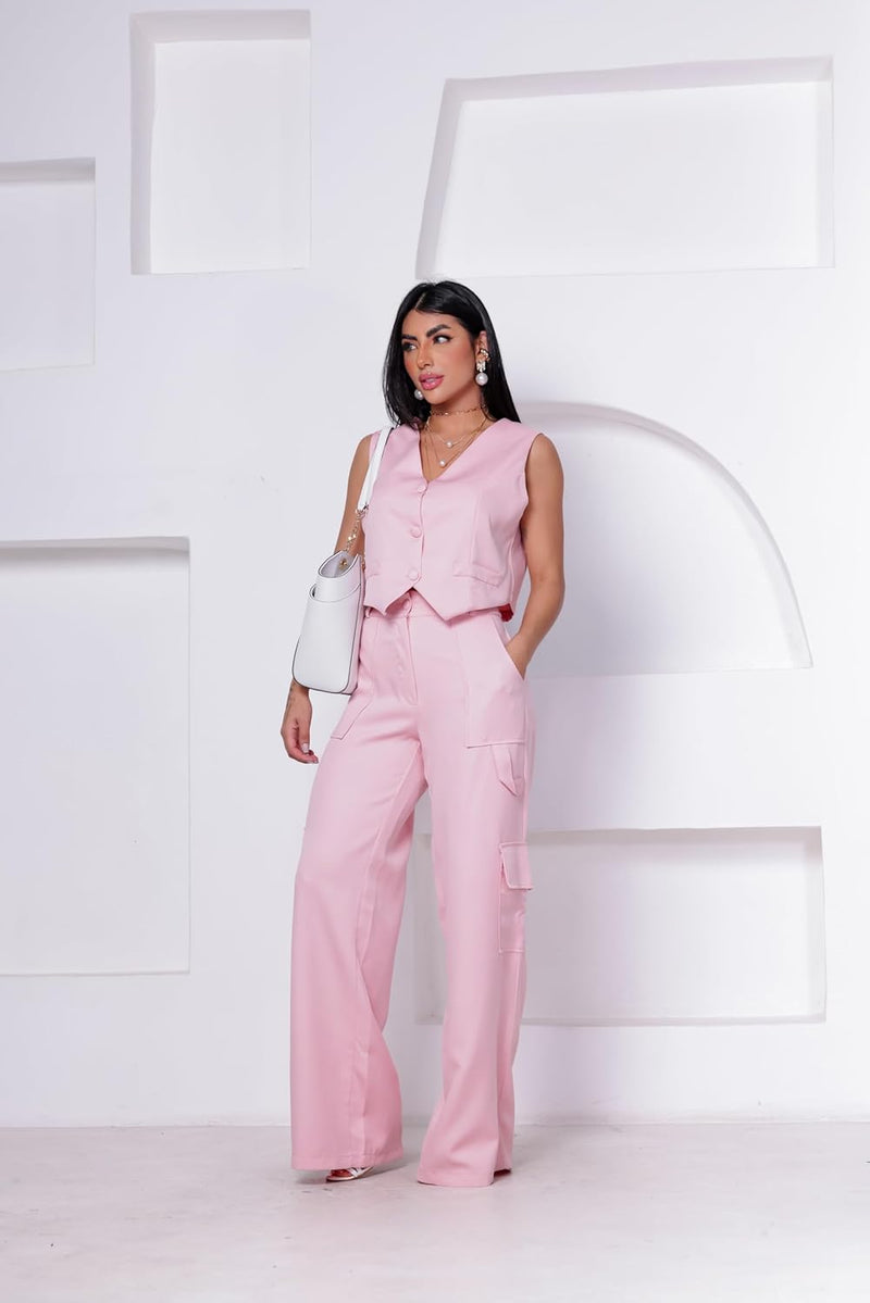 Conjunto Colete Curto e Calça Cargo Alfaiataria Feminino