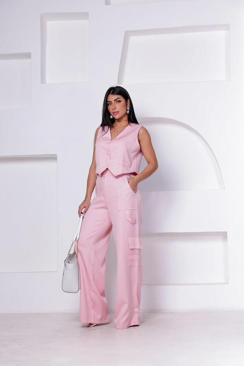 Conjunto Colete Curto e Calça Cargo Alfaiataria Feminino