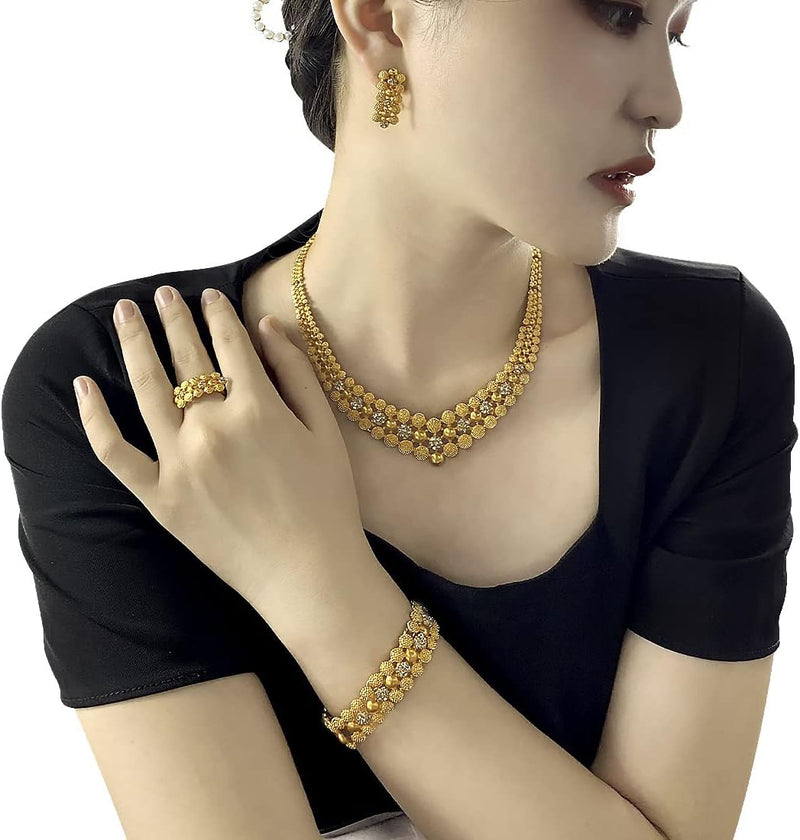 Conjunto de colar de joias femininas indianas em Dubai noiva africana casamento formatura moda joias 24K banhado a ouro colar pulseiras anéis brincos conjunto de 4 peças