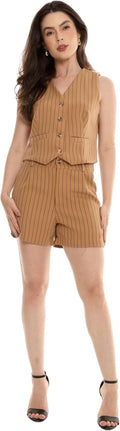 Conjunto Feminino Alfaiataria Listrado – Short e Colete com Botões Con-0068 Look Social Estiloso e Versátil