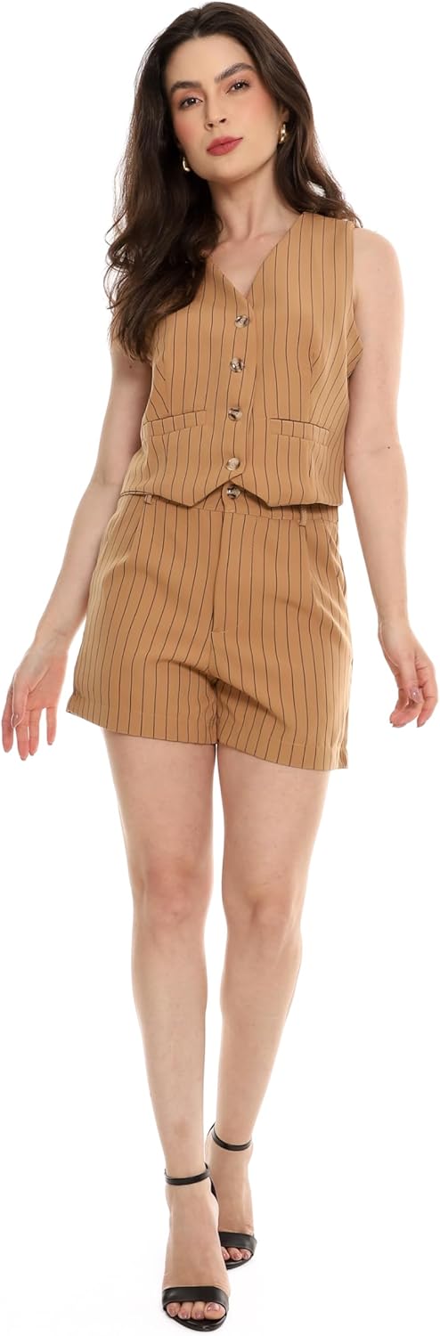 Conjunto Feminino Alfaiataria Listrado – Short e Colete com Botões Con-0068 Look Social Estiloso e Versátil
