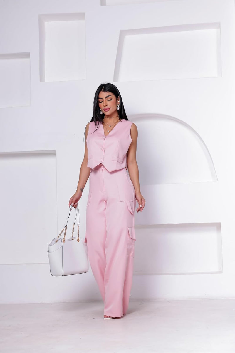 Conjunto Colete Curto e Calça Cargo Alfaiataria Feminino