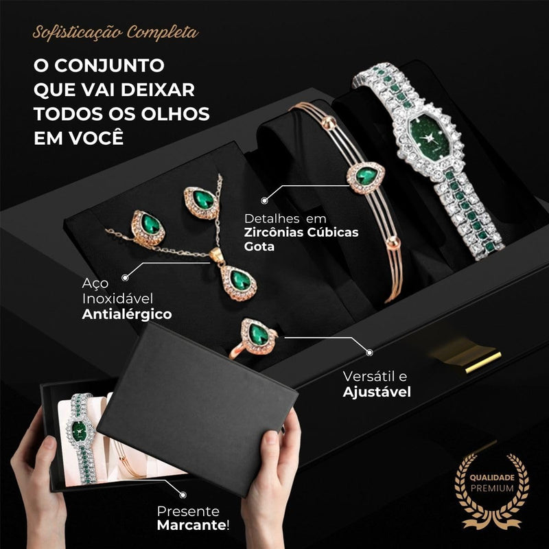 Conjunto Feminino de Luxo Pretty Lovely – Colar, Anel Ajustável, Pulseira, Brincos e Relógio em Aço Inoxidável com Zircônias Verdes – Acompanha Bolsa de Veludo