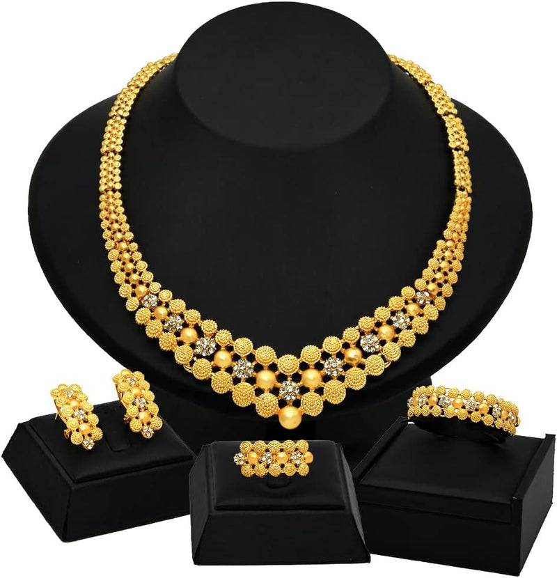 Conjunto de colar de joias femininas indianas em Dubai noiva africana casamento formatura moda joias 24K banhado a ouro colar pulseiras anéis brincos conjunto de 4 peças