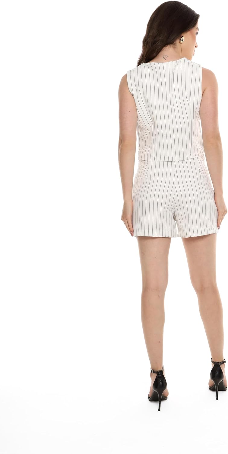 Conjunto Feminino Alfaiataria Listrado – Short e Colete com Botões Con-0068 Look Social Estiloso e Versátil