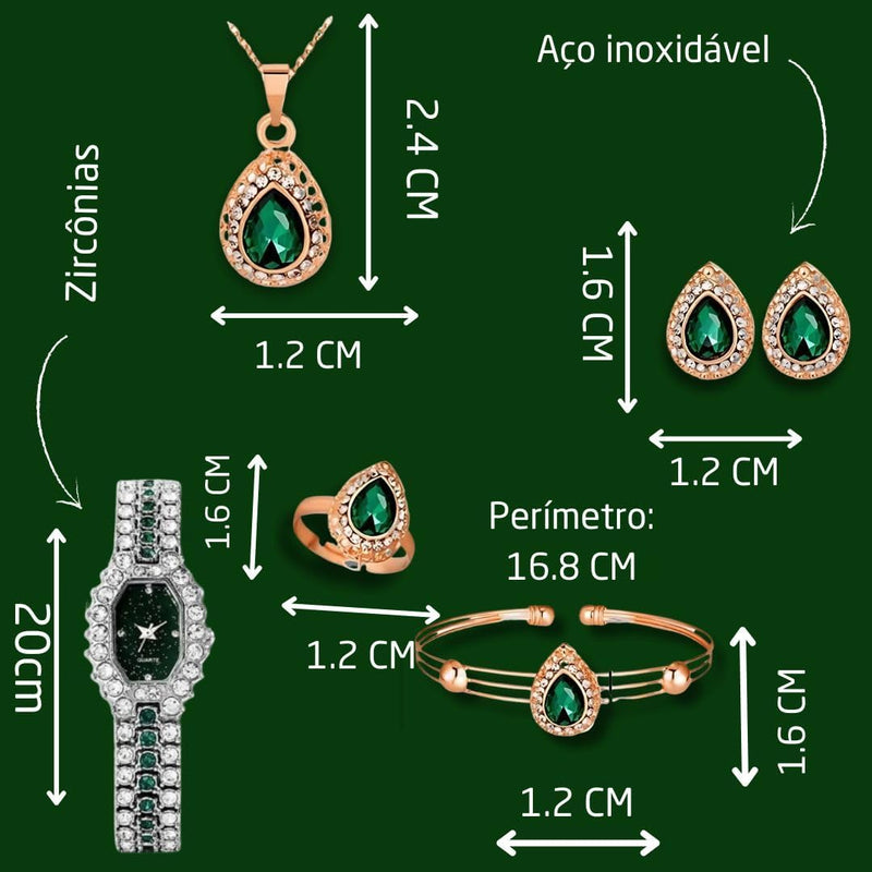 Conjunto Feminino de Luxo Pretty Lovely – Colar, Anel Ajustável, Pulseira, Brincos e Relógio em Aço Inoxidável com Zircônias Verdes – Acompanha Bolsa de Veludo