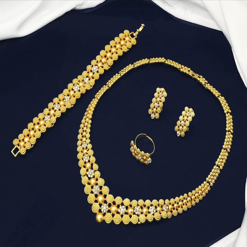 Conjunto de colar de joias femininas indianas em Dubai noiva africana casamento formatura moda joias 24K banhado a ouro colar pulseiras anéis brincos conjunto de 4 peças