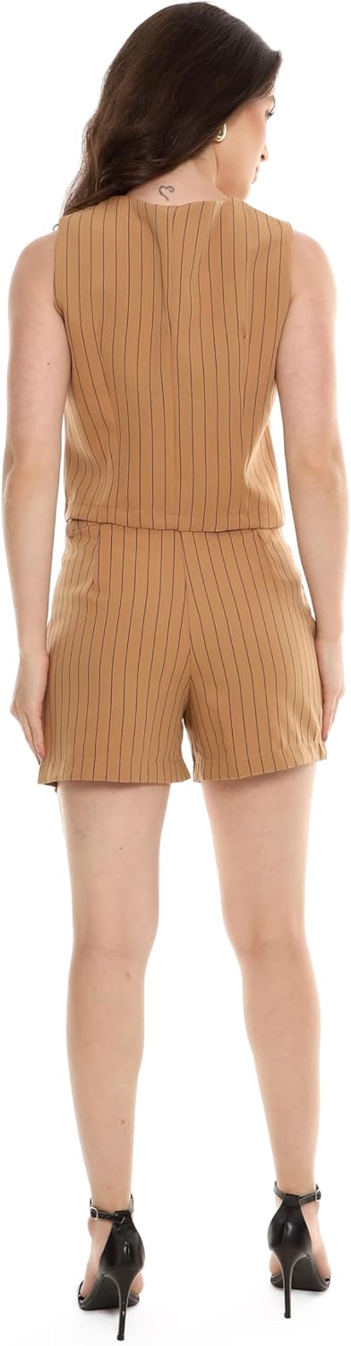 Conjunto Feminino Alfaiataria Listrado – Short e Colete com Botões Con-0068 Look Social Estiloso e Versátil