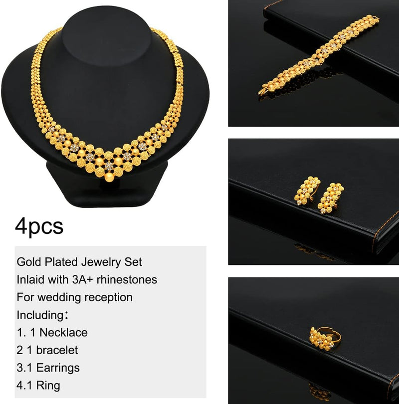 Conjunto de colar de joias femininas indianas em Dubai noiva africana casamento formatura moda joias 24K banhado a ouro colar pulseiras anéis brincos conjunto de 4 peças