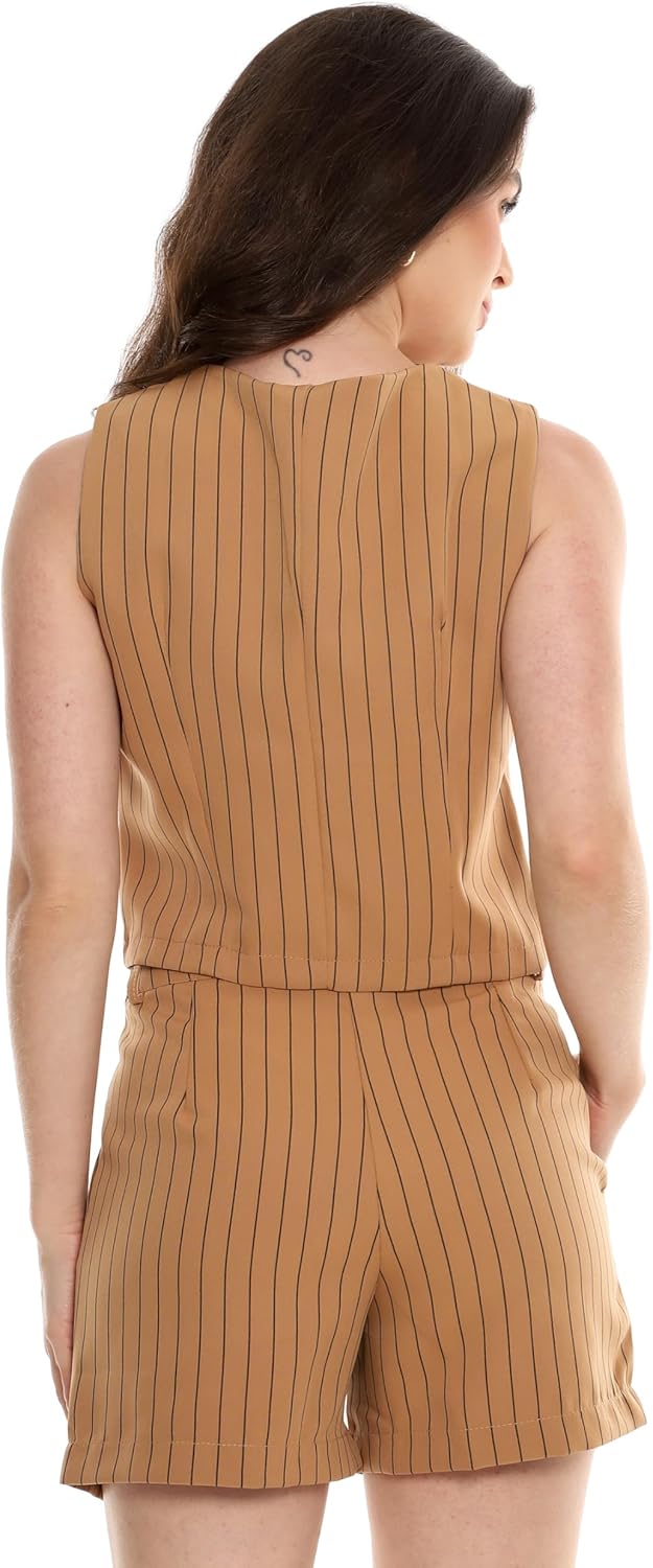 Conjunto Feminino Alfaiataria Listrado – Short e Colete com Botões Con-0068 Look Social Estiloso e Versátil