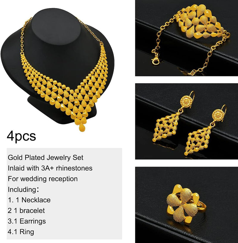 Conjunto de colar de joias femininas indianas em Dubai noiva africana casamento formatura moda joias 24K banhado a ouro colar pulseiras anéis brincos conjunto de 4 peças