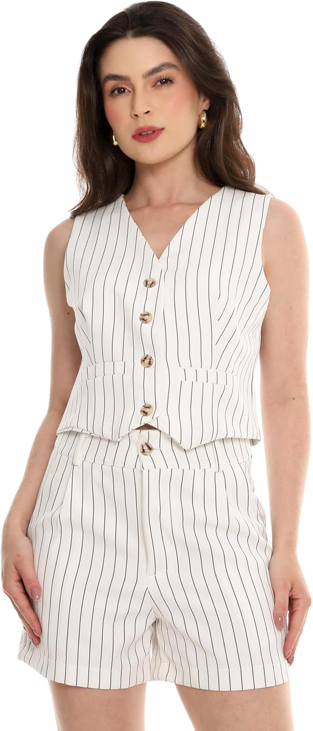 Conjunto Feminino Alfaiataria Listrado – Short e Colete com Botões Con-0068 Look Social Estiloso e Versátil
