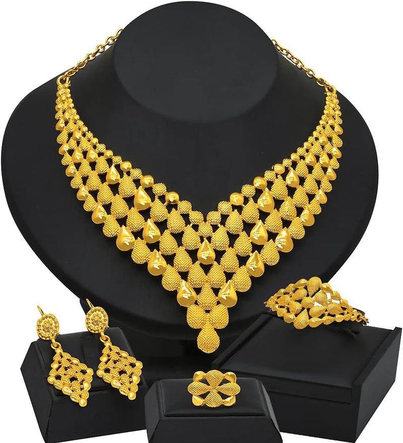 Conjunto de colar de joias femininas indianas em Dubai noiva africana casamento formatura moda joias 24K banhado a ouro colar pulseiras anéis brincos conjunto de 4 peças