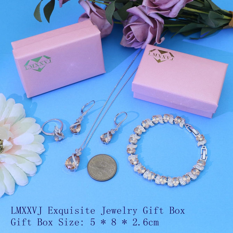 LMXXVJ Conjunto de joias para mulheres, colar de zircônia cúbica em gota, brincos, anel ajustável, conjunto de joias, joias formais, presente