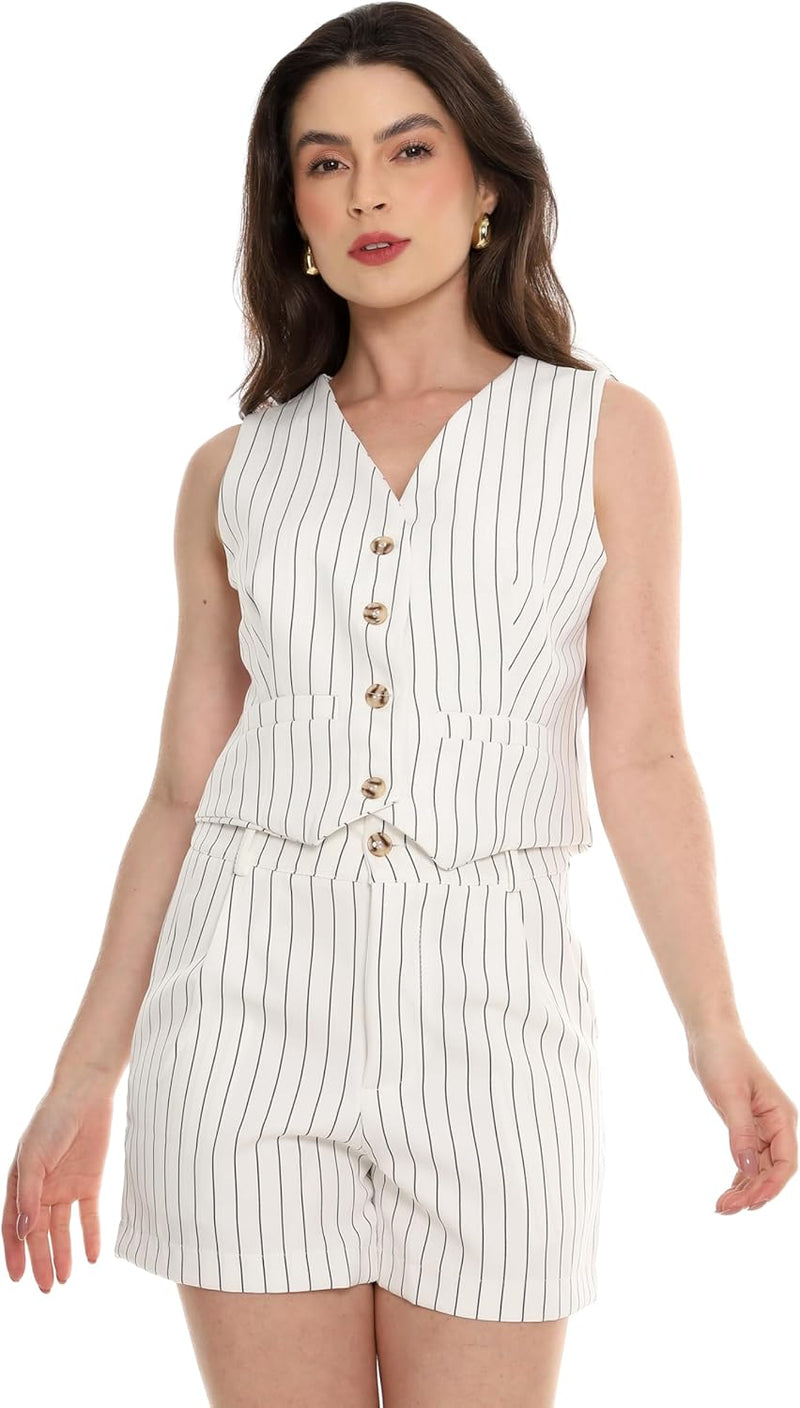 Conjunto Feminino Alfaiataria Listrado – Short e Colete com Botões Con-0068 Look Social Estiloso e Versátil