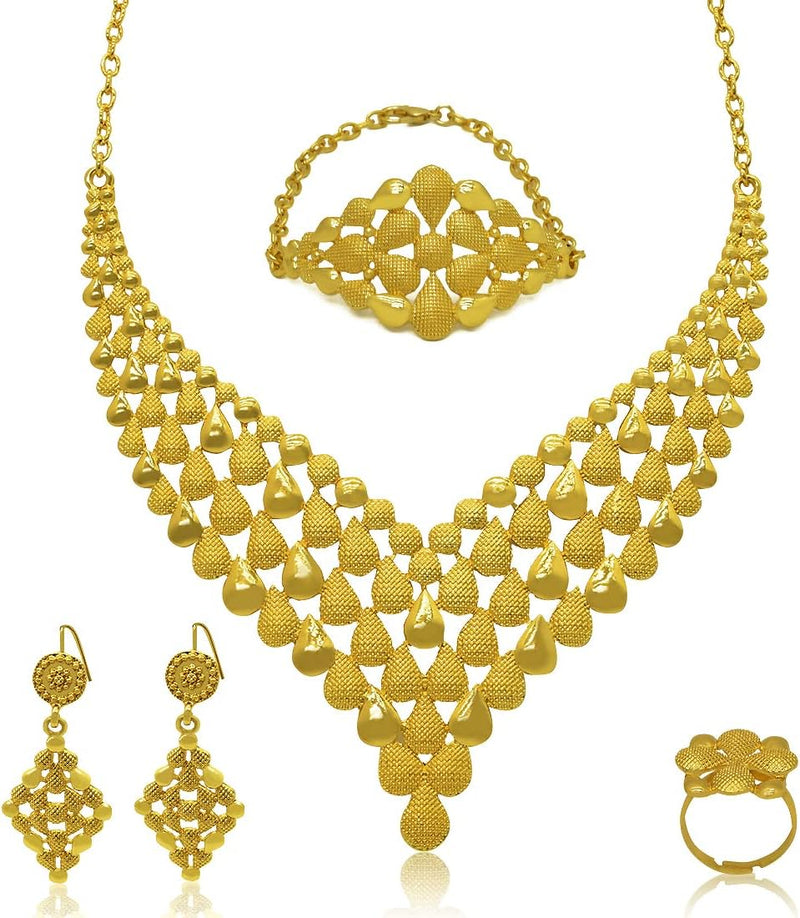 Conjunto de colar de joias femininas indianas em Dubai noiva africana casamento formatura moda joias 24K banhado a ouro colar pulseiras anéis brincos conjunto de 4 peças