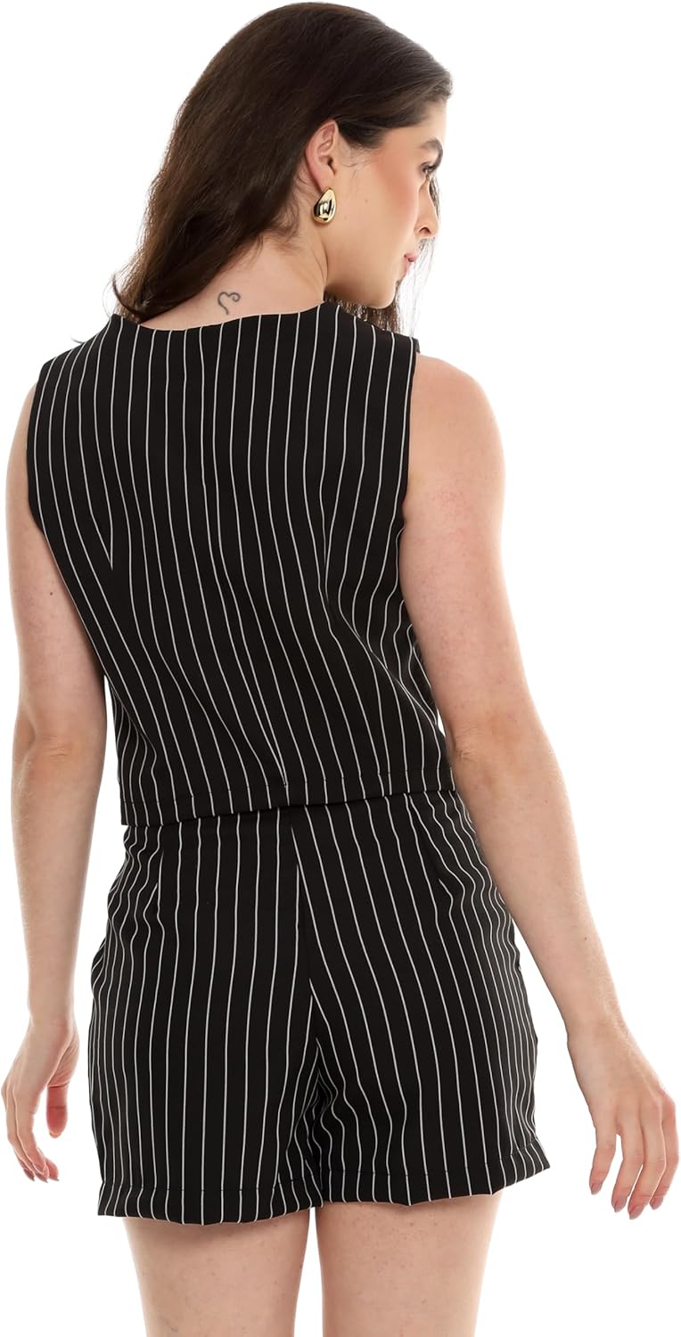 Conjunto Feminino Alfaiataria Listrado – Short e Colete com Botões Con-0068 Look Social Estiloso e Versátil